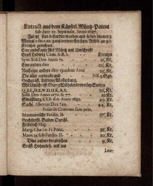 Extract aus dem Käyserl. Müntz-Patent sub dato 10. Septembr. Anno 1687.