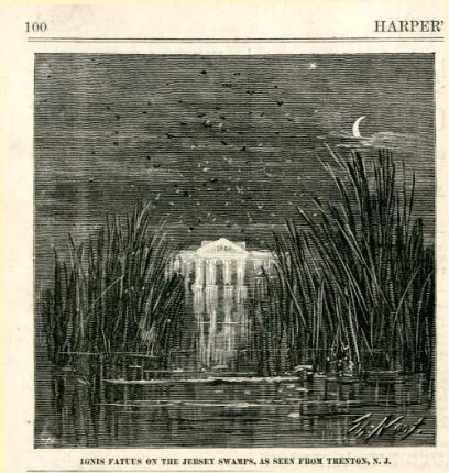 Ignis fatuus on the Jersey Swamps, as seen from Trenton, N.J. : in einem Sumpf erscheint ein Irrlicht in der Gestalt eines Regierungsgebäudes