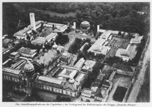 Ausstellungspalast an der Stübelallee : Dresden-Pirnaische Vorstadt. Der Gebäudekomplex aus der Vogelschau mit Kugelhaus