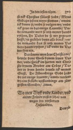 Wo men Wyff unde Kinder/ und andere Fründe trösten schal/ van wegen des vorstorven Hussvaders.