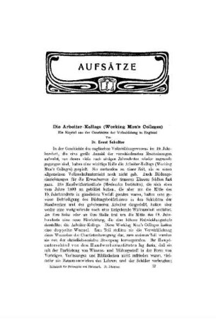 Die Arbeiter-Kollegs (Working Men's College) : ein Kapitel aus der Geschichte der Volksbildung in England