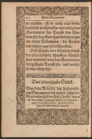 Das zwanzigste Stück. Von dem Artickel des hochwirdigen Sacraments des waren Leibs und Bluts unsers Herrn Jesu Christi ...