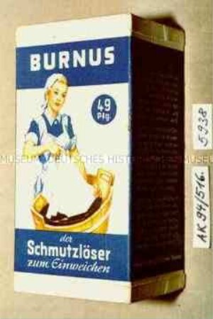 Pappdose für "BURNUS 49 Pfg. der Schmutzlöser zum Einweichen" mit Inhalt (Abbildung einer jungen Frau mit Waschwanne)