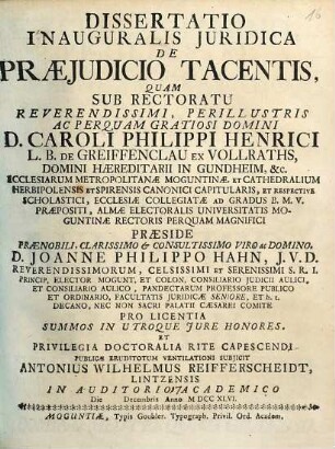 Dissertatio Inauguralis Juridica De Praejudicio Tacendis
