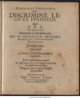Dispvtatio Theologica, De Discrimine Legis Et Evangelii