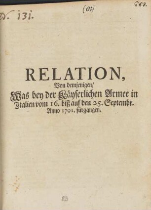 Relation, Von demjenigen, Was bey der käyserlichen Armee in Italien vom 16. biß auf den 25. Septembr. Anno 1701 fürgangen