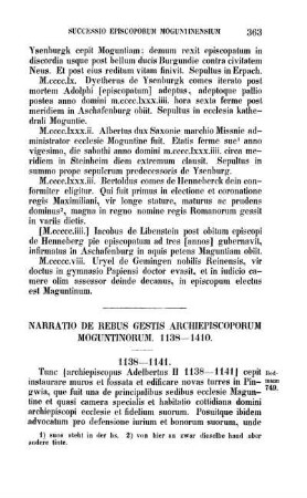 Narratio De Rebus Gestis Archiepiscoporum Moguntinorum. 1138 - 1410.