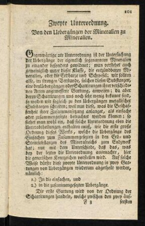 101-114, Zweyte Unterordnung. Von den Uebergängen der Mineralien zu Mineralien.