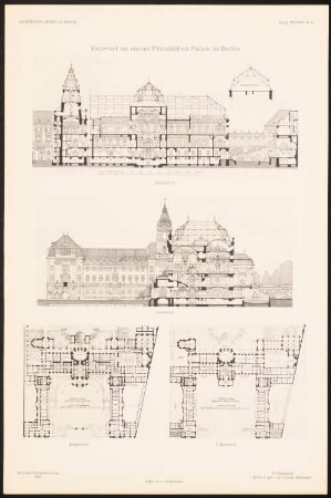 Prinzliches Palais, Berlin: Längsschnitt, Querschnitt, Grundriss EG, 1. OG (aus: Entwürfe von Mitgl. d. AVB, Neue Folge 1899/00)