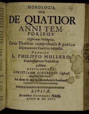 Horologia, Id est, De Quatuor Anni Temporibus Dissertatio Philologica