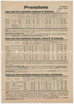 Selbstbindende Strohpressen, Handbinde-Strohpressen, Glattstrohbinder, Patent-Strohbinder, Düngerstreuer (Preisliste)