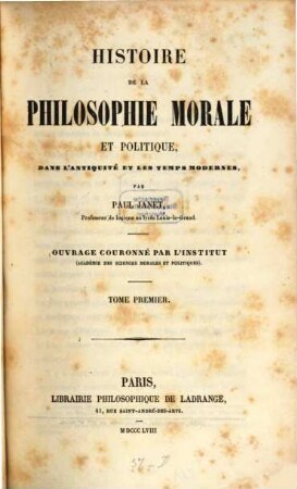 Histoire de la philosophie morale et politique, 1