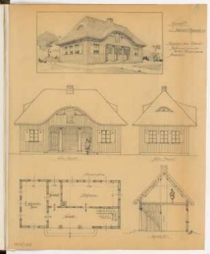 Schutzhütte für Wandervögel Monatskonkurrenz März 1915: Grundriss Erdgeschoss, Aufriss Vorderansicht, Seitenansicht, Querschnitt; perspektivische Ansicht