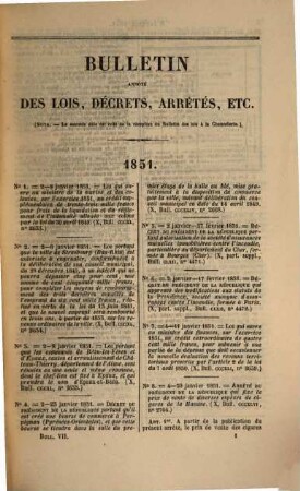 Bulletin annoté des lois, ordonnances, décrets, arrêtés, etc.. 7. 1851/52 (1852)