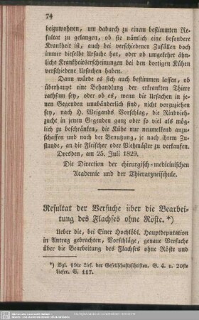Resultat der Versuche über die Bearbeitung des Flachses ohne Röste