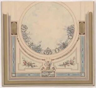 Dresden, Rittergut Altfranken, Deckengestaltung, Entwurf : Dresden, Rittergut Altfranken, Entwurf zur Gestaltung einer Decke, unbekannter Zeichner, 2. Hälfte 19. Jh. Feder, Graphit, Pinsel in Deckefarbe und Wasserfarbe/Papier. 30,7 x 33,2 cm.