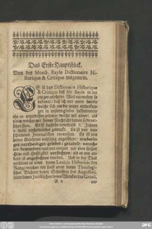 Das Erste Hauptstück. Von des Monsr. Bayle Dictionaire Historique & Critique insgemein.