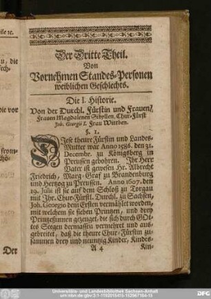 Der dritte Theil. Von Vornehmen Standes-Personen weiblichen Geschlechts.
