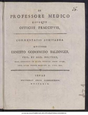 De Professore Medico Eivsqve Officiis Praecipvis : Commentatio Svbitanea