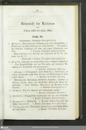 Uebersicht der Lectionen von Ostern 1868 bis dahin 1869