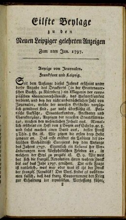 Eilfte Beylage zu den Neuen Leipziger gelehrten Anzeigen - Zum 1sten Jun. 1797.