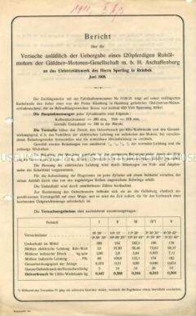 Bericht über die Versuche anlässlich der Uebergabe eines 120pferdigen Rohölmotors der Güldner-Motoren-Gesellschaft m. b. H. Aschaffenburg an das Elektrizitätswerk des Herrn Sperling in Reinbek Juni 1909