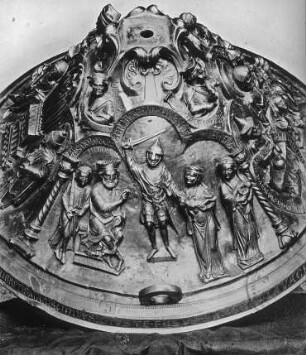 Hildesheim, Dom St. Maria, Kapelle des Hl. Georg, Bronzetaufbecken, Deckel, Bethlehemitischer Kindermord
