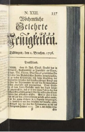 N. XXII. Tübingen, den 1. Brachm. 1736