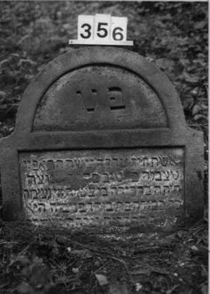 Grabstein 356 (Index: 99803560) Material: Sandstein Zustand: eingesunken, Textverlust Maße HxBxT: 73x73x12 cm Beschreibung: Stele mit Karniesbogen, profilierter Rand, Giebelfeld: Grabstein 356