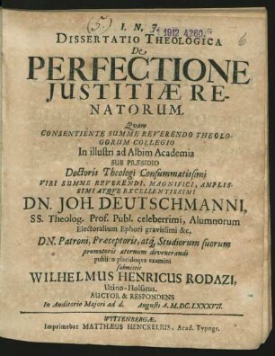 Dissertatio Theologica De Perfectione Iustitiae Renatorum