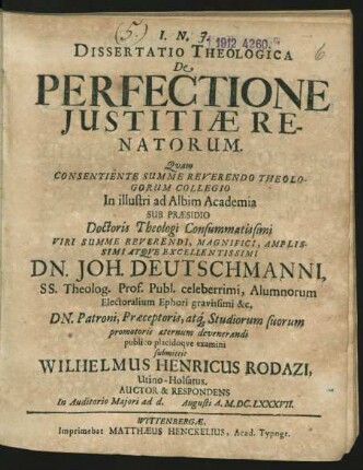 Dissertatio Theologica De Perfectione Iustitiae Renatorum