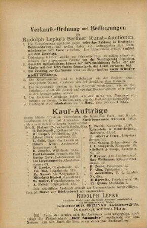 Verkaufs-Ordnung und Bedingungen für Rudolph-Lepke's Berliner Kunst-Auctionen
