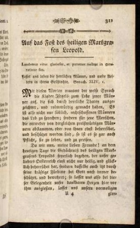 311-321, Auf das Fest des heiligen Markgrafen Leopold.
