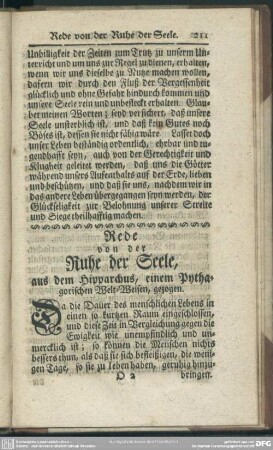 Rede von der Ruhe der Seele, aus dem Hipparchus, einem Pythagorischen Welt-Weisen, gezogen