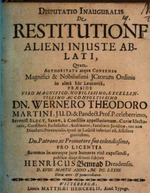 Disp. inaug. de restitutione alieni iniuste ablati