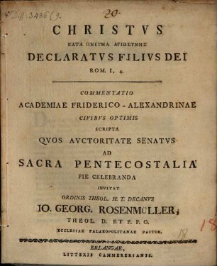 Christvs kata pneuma hagiōsynēs Declaratvs Filivs Dei, Rom. I, 4 : commentatio ...