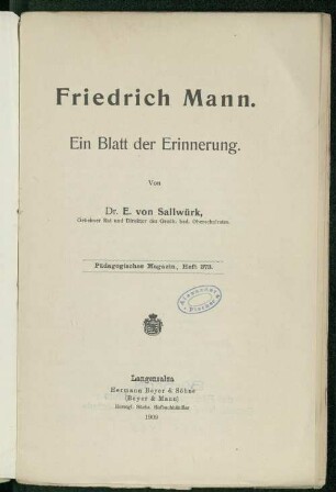 Friedrich Mann : ein Blatt der Erinnerung
