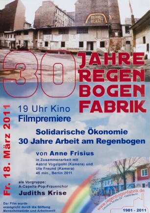 Plakat: "30 Jahre Regenbogenfabrik"