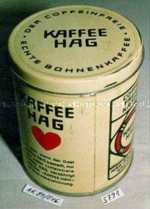 Blechdose für "COFFEIN FREIER KAFFEE HAG-AG. BREMEN HAG-STRASSE" (Abbildung des Firmensignets)