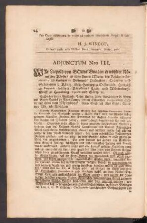 Adjunctum Nro III. Wir Leopold von Gottes Gnaden ...