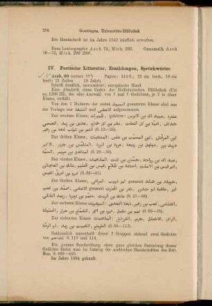 IV. Poetische Litteratur, Erzählungen, Sprüchwörter. [8° Cod. Ms. arab. 60 - 8° Cod. Ms. arab. 71z]