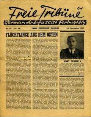 Mitteilungsblatt der Jugendorganisation der deutschen Emigranten in Großbritannien "Freie Tribüne" u.a. zur Flüchtlingsproblematik