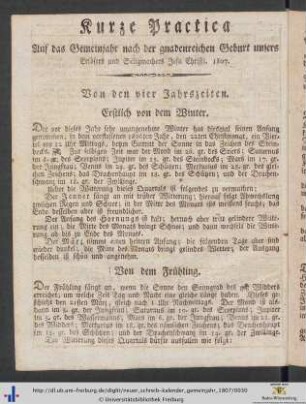 Kurze Practica Auf das Gemeinjahr nach der gnadenreichen Geburt unsers Erlösers und Seligmachers Jesu Christi 1807.