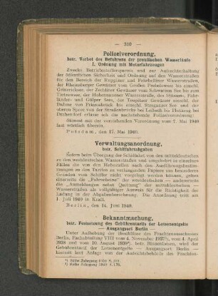 Polizeiverordnung, betr. Verbot des Befahrens der preußischen Wasserläufe I. Ordnung mit Motorfahrzeugen