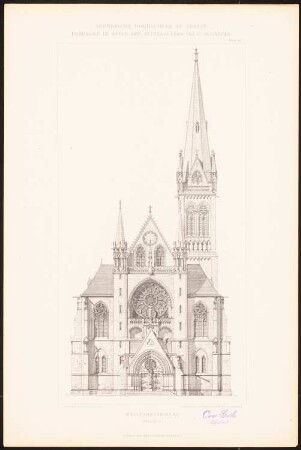 Wallfahrtskirche: Ansicht Westseite (aus: C. Schäfer, Die Bauhütte, Entwürfe im Stile des Mittelalters, 3. Bd., 1895, Blatt 38)