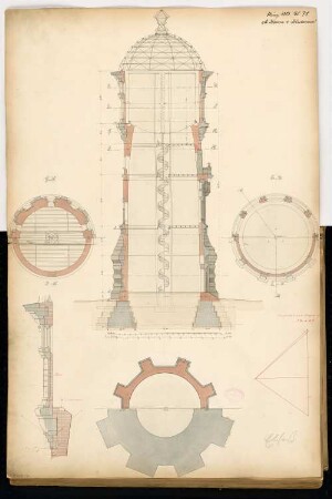 Wasserturm, Colmar Monatskonkurrenz März 1883: 6 halbe Grundrisse, Vertikalschnitt mit weiterem Teilschnitt, Konstruktionszeichnung; 2 Maßstabsleisten