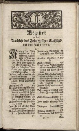 Register zu der Nachlese des Coburgischen Auszugs auf das Jahr 1750.