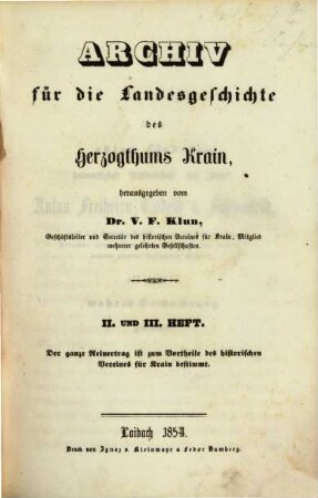 Archiv für die Landesgeschichte des Herzogthums Krain. 2/3. 1854