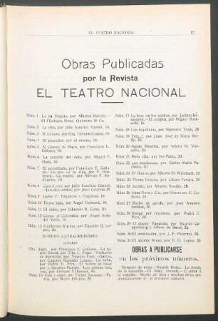 Obras publicadas por la Rvista El Teatro Nacional