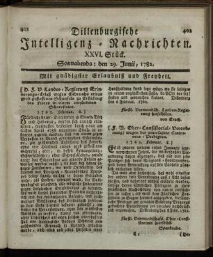 XXVI. Stück. Sonnabends : den 29. Junii, 1782.
